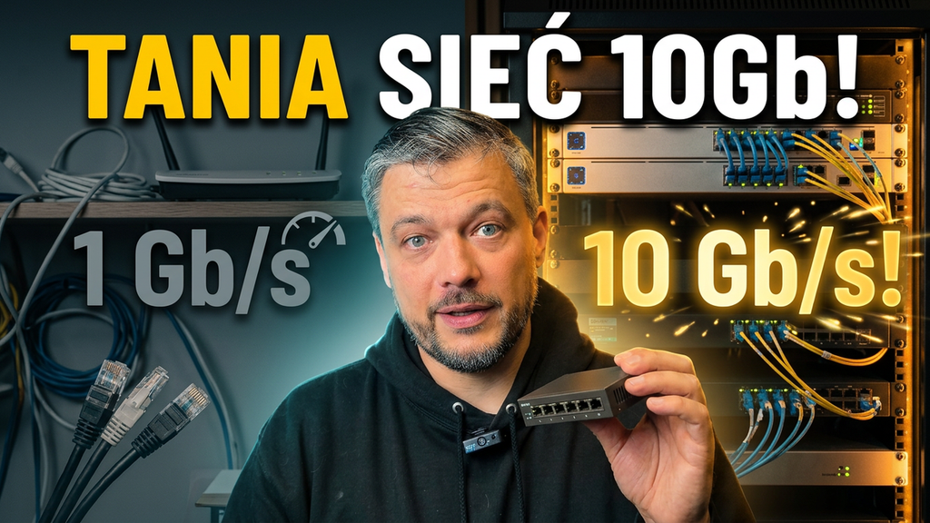 Miniatura filmu Tania sieć 10Gb – autor trzyma switch na tle szafy RACK, napisy 1 Gb/s i 10 Gb/s